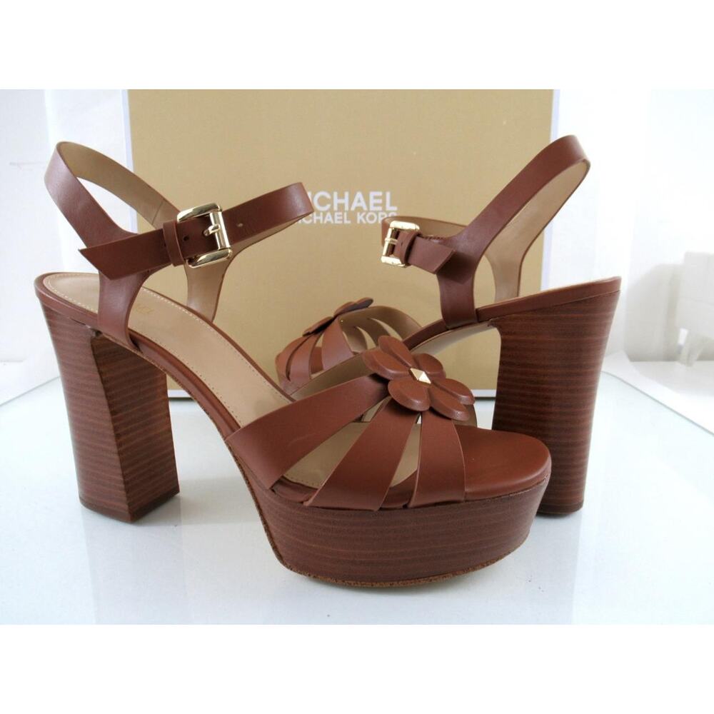 Michael Kors Size 9 Nellie Platform High Heels Sandals Leather Luggage Tan - Picture 2 of 9
